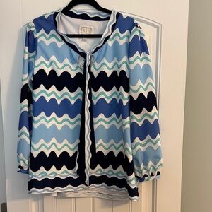 Sail to Sable Blue and White Wave Pattern Blouse